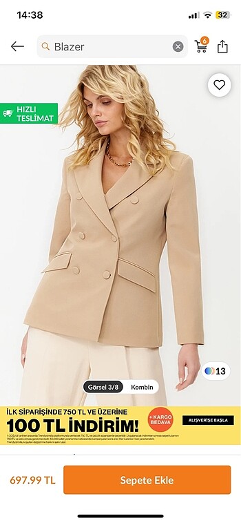 Trendyol krem blazer ceket