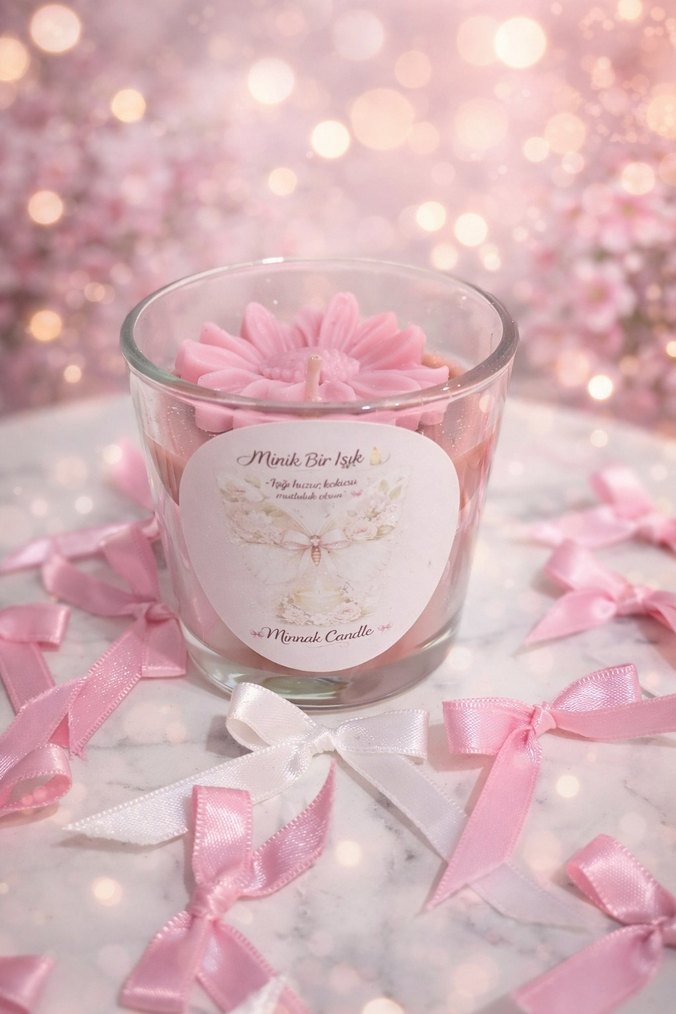 Pembe Çiçek Detaylı Mum - Görsel 4