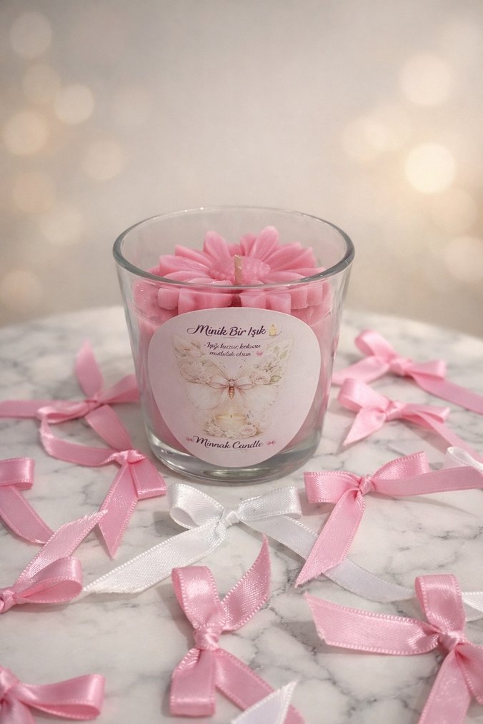 Pembe Çiçek Detaylı Mum - Görsel 5