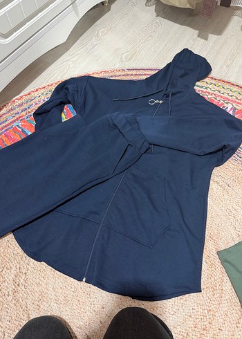 Kadın Koyu Mavi Kapüşonlu Fermuarlı Sweatshirt takım - Görsel 3