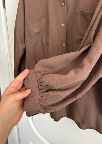 Düğmeli Kahverengi Keten Kadın Gömlek - Görsel 2