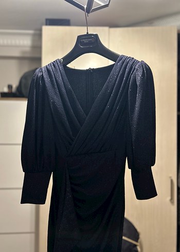 Uzun Kollu lacivert Drapeli V Yaka Elbise - Görsel 2