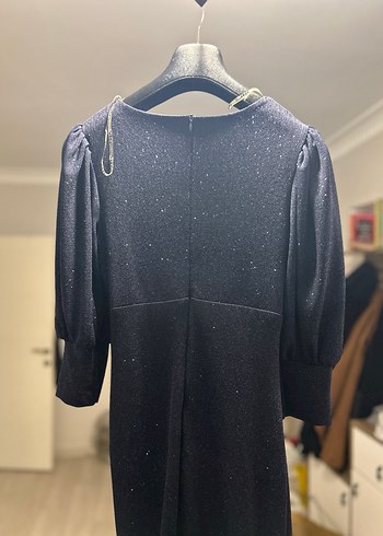 Uzun Kollu lacivert Drapeli V Yaka Elbise - Görsel 4