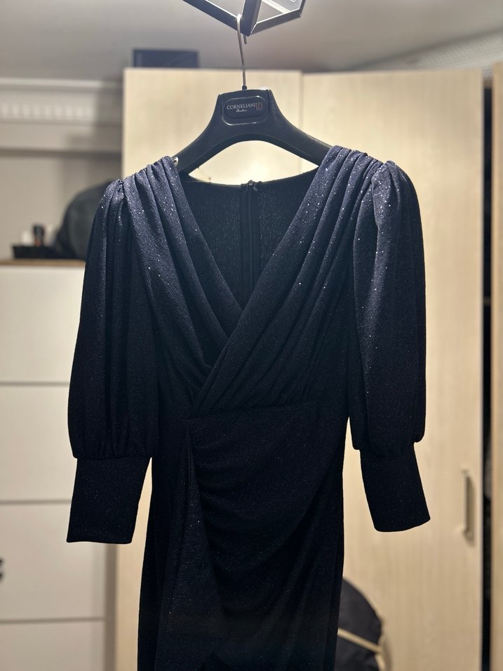 Uzun Kollu lacivert Drapeli V Yaka Elbise - Görsel 2