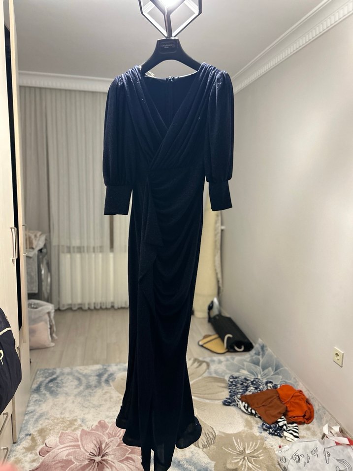 Uzun Kollu lacivert Drapeli V Yaka Elbise - Görsel 3
