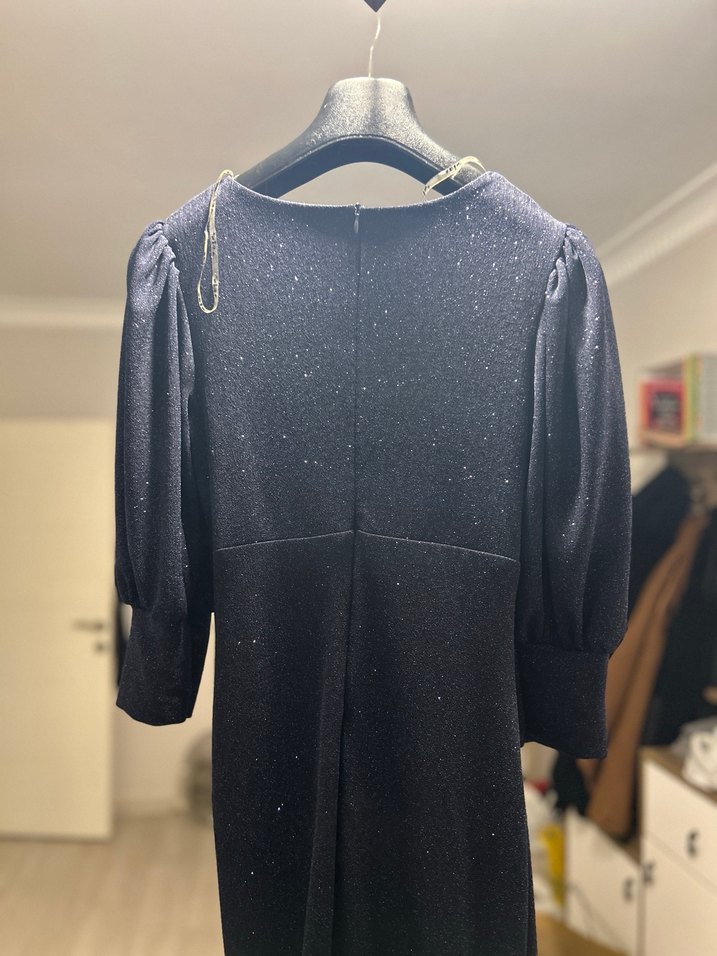 Uzun Kollu lacivert Drapeli V Yaka Elbise - Görsel 4