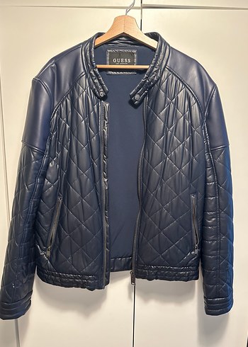 Guess Lacivert Kapitone Deri Ceket