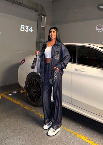 Dior Siyah Desenli Uzun Denim Kadın Eşofman Takımı