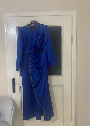 Uzun Kollu Mavi Drapeli Abiye Elbise - Görsel 3