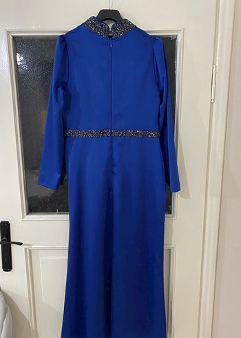 Uzun Kollu Mavi Drapeli Abiye Elbise - Görsel 4