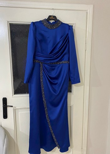 Uzun Kollu Mavi Drapeli Abiye Elbise - Görsel 5