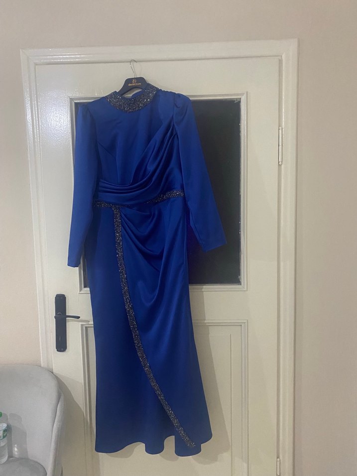 Uzun Kollu Mavi Drapeli Abiye Elbise - Görsel 3