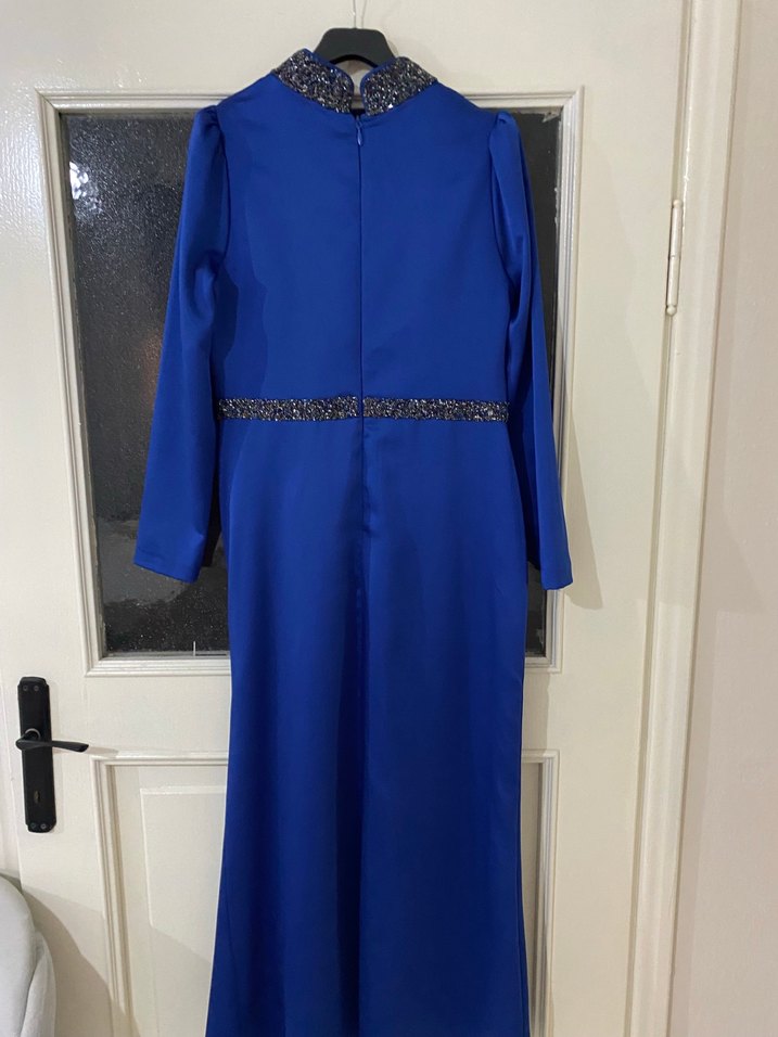 Uzun Kollu Mavi Drapeli Abiye Elbise - Görsel 4