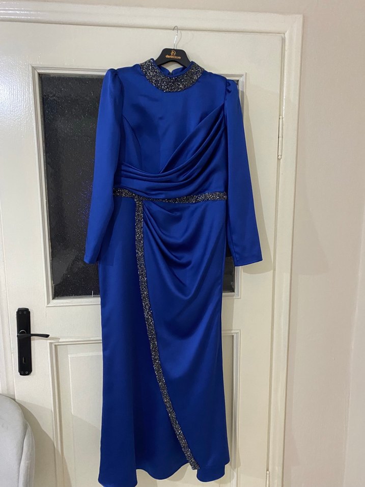 Uzun Kollu Mavi Drapeli Abiye Elbise - Görsel 5