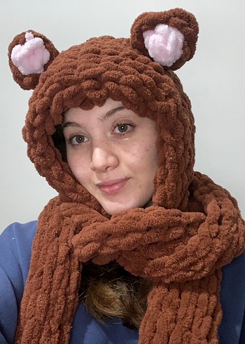 Puffy Kahverengi Örgü  Bere ve Atkı Seti - Görsel 3