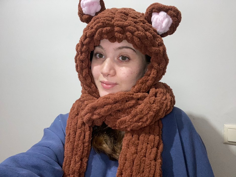 Puffy Kahverengi Örgü  Bere ve Atkı Seti - Görsel 2