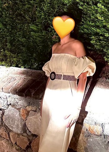 Bej Balon kollu Uzun Tulum Kemer Detaylı