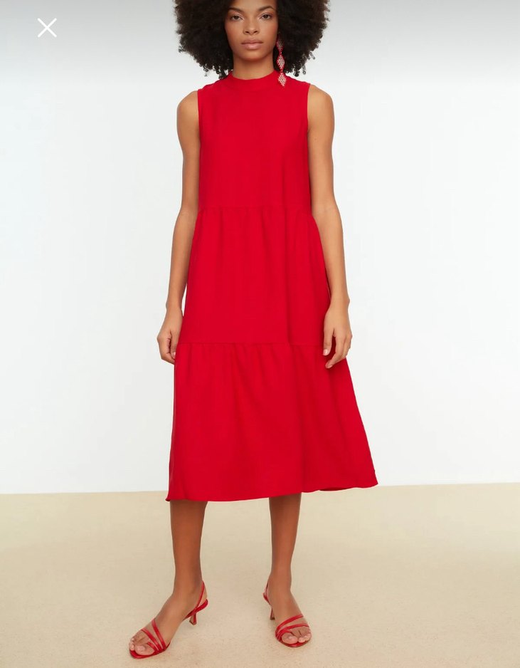 Kırmızı Kolsuz Midi Volanlı Elbise - Görsel 2