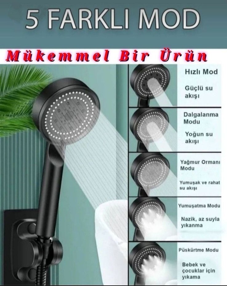 5 Fonksiyonlu Siyah Duş Başlığı Seti - Görsel 3