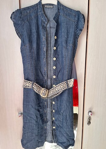 Kadın Mavi Kemerli Midi Denim Elbise