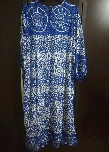 Mavi Batik Desenli Uzun Bohem Elbise