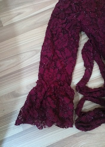 Diğer Bordo Dantel İşlemeli V Yaka Midi Elbise