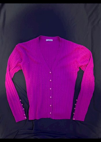 Mor Düğmeli İnce Triko Kadın Hırka - Görsel 2