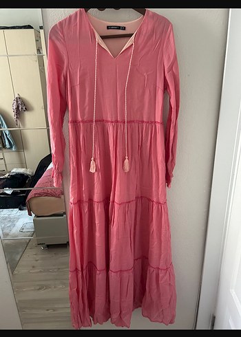Pembe Uzun Salaş Bohem Elbise
