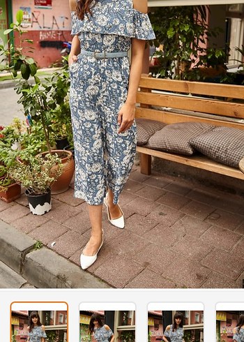 Mavi Çiçek Desenli Kemerli Denim Tulum