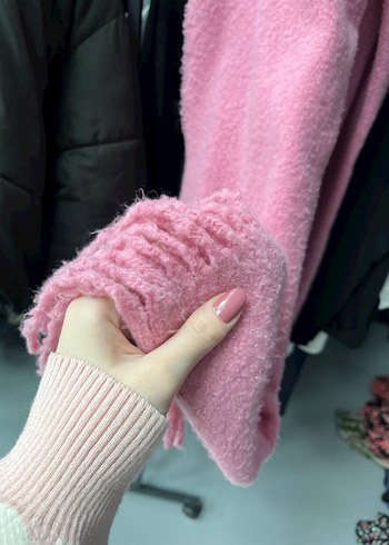 Beden Püsküllü Kalın Pembe Kadın Atkı