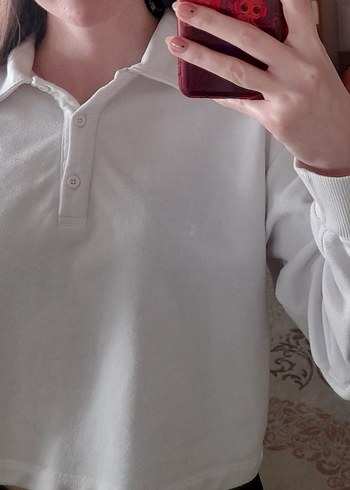 l Beden beyaz Renk Beyaz Yakalı Düğmeli Kadın Sweatshirt