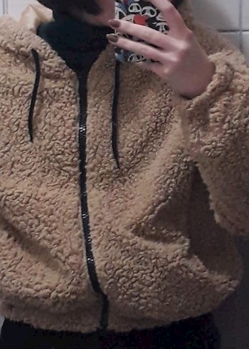 Peluş Kapüşonlu Kahverengi Kadın Hırka Ceket - Görsel 4