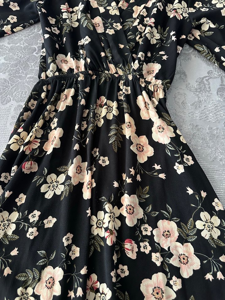 Uzun Kol Çiçekli Siyah Bohem Elbise - Görsel 2