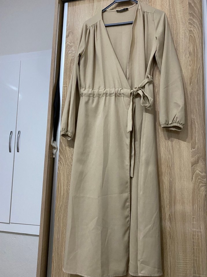 Bej Uzun Kollu Kadın Uzun Boy Pardösü - Görsel 2