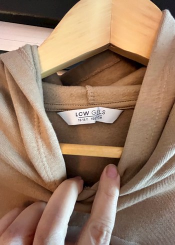 13-14 Yaş Beden camel Renk Kapüşonlu Bej kız çocuk Sweat elbise