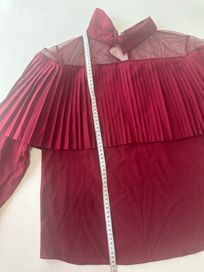 Bordo Pileli Yüksek Yakalı Kadın Bluz - Görsel 2