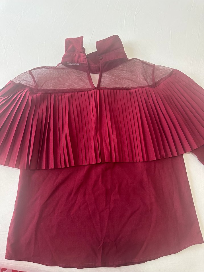 Bordo Pileli Yüksek Yakalı Kadın Bluz - Görsel 5