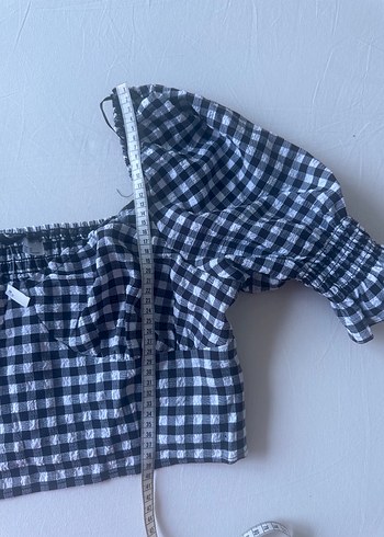 Kadın Gri Kareli Fırfırlı Mini Bluz - Görsel 3