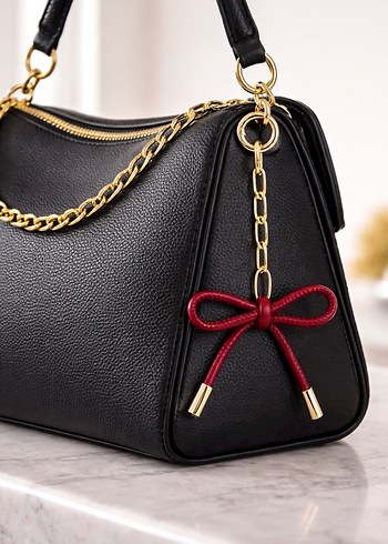 Bordo kurdele ve gold Zincir Detaylı Kadın çanta charm - Görsel 2