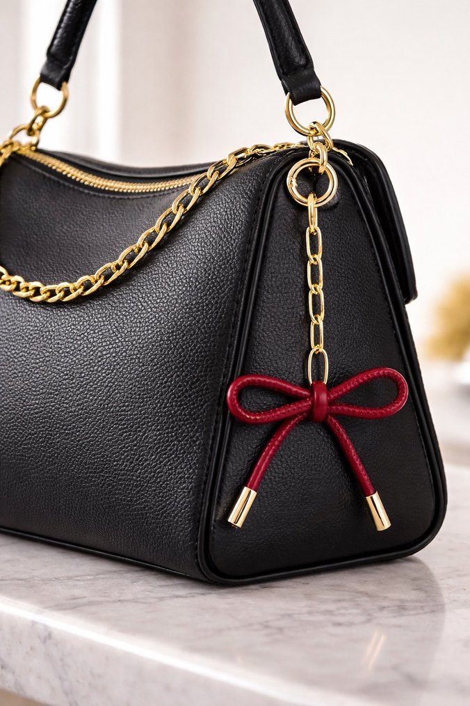 Bordo kurdele ve gold Zincir Detaylı Kadın çanta charm - Görsel 2