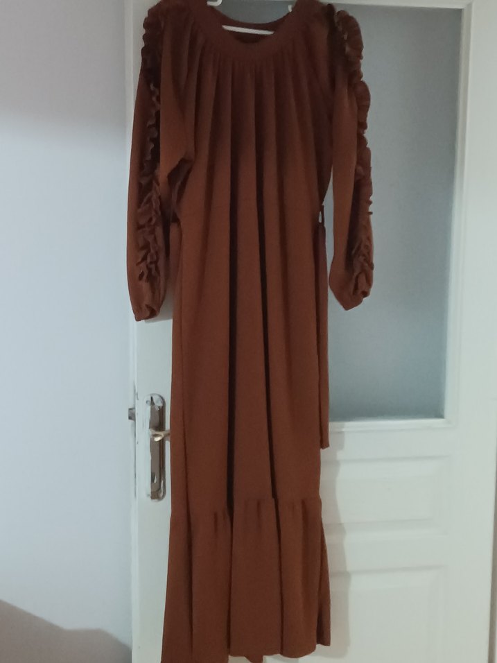 Diger Kahverengi Uzun Kollu Fırfırlı Elbise - Görsel 4
