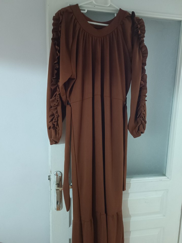 Diger Kahverengi Uzun Kollu Fırfırlı Elbise - Görsel 2