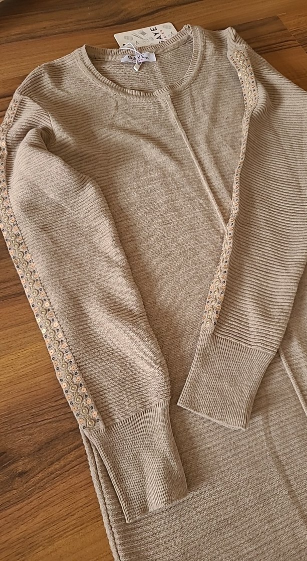 Bej Kadın Uzun Triko Kazak - Görsel 2