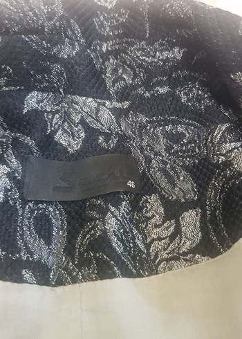 46 Beden Kadın Vintage Gri Desenli Uzun Ceket