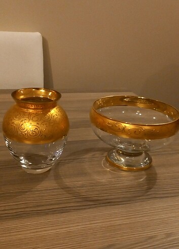 Paşabahçe Altın işlemeli özel seri vazo ve şekerlik