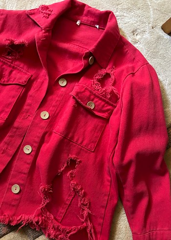 Düğmeli Kırmızı Kadın yırtık Kot Ceket - Görsel 2