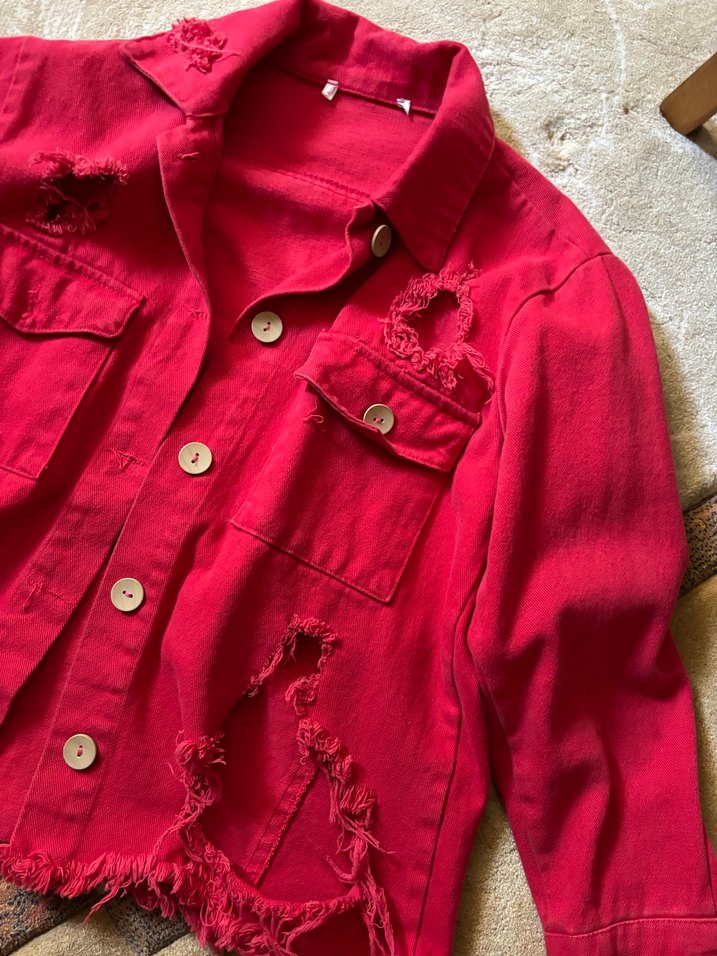 Düğmeli Kırmızı Kadın yırtık Kot Ceket - Görsel 2