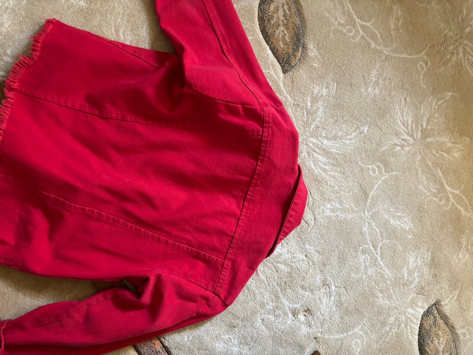 Düğmeli Kırmızı Kadın yırtık Kot Ceket - Görsel 4