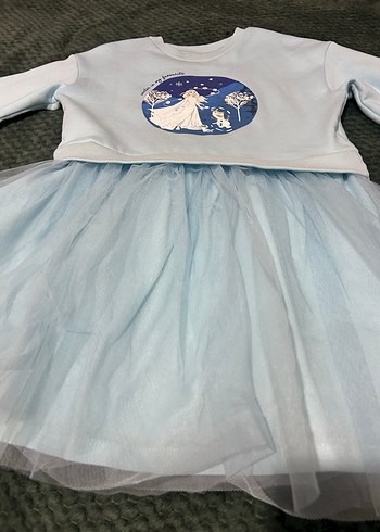 Kız Çocuk Mavi Tül Detaylı Elsa baskılı Elbise - Görsel 2