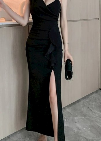 Siyah Drapeli Uzun Abiye Elbise - Görsel 6